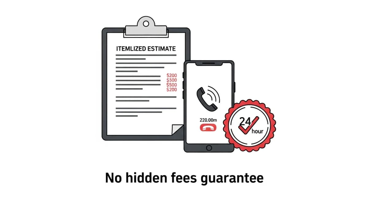 スマートフォンの通話画面と見積書が並ぶ追加請求なしの明朗会計をイメージしたフラットデザインイラスト