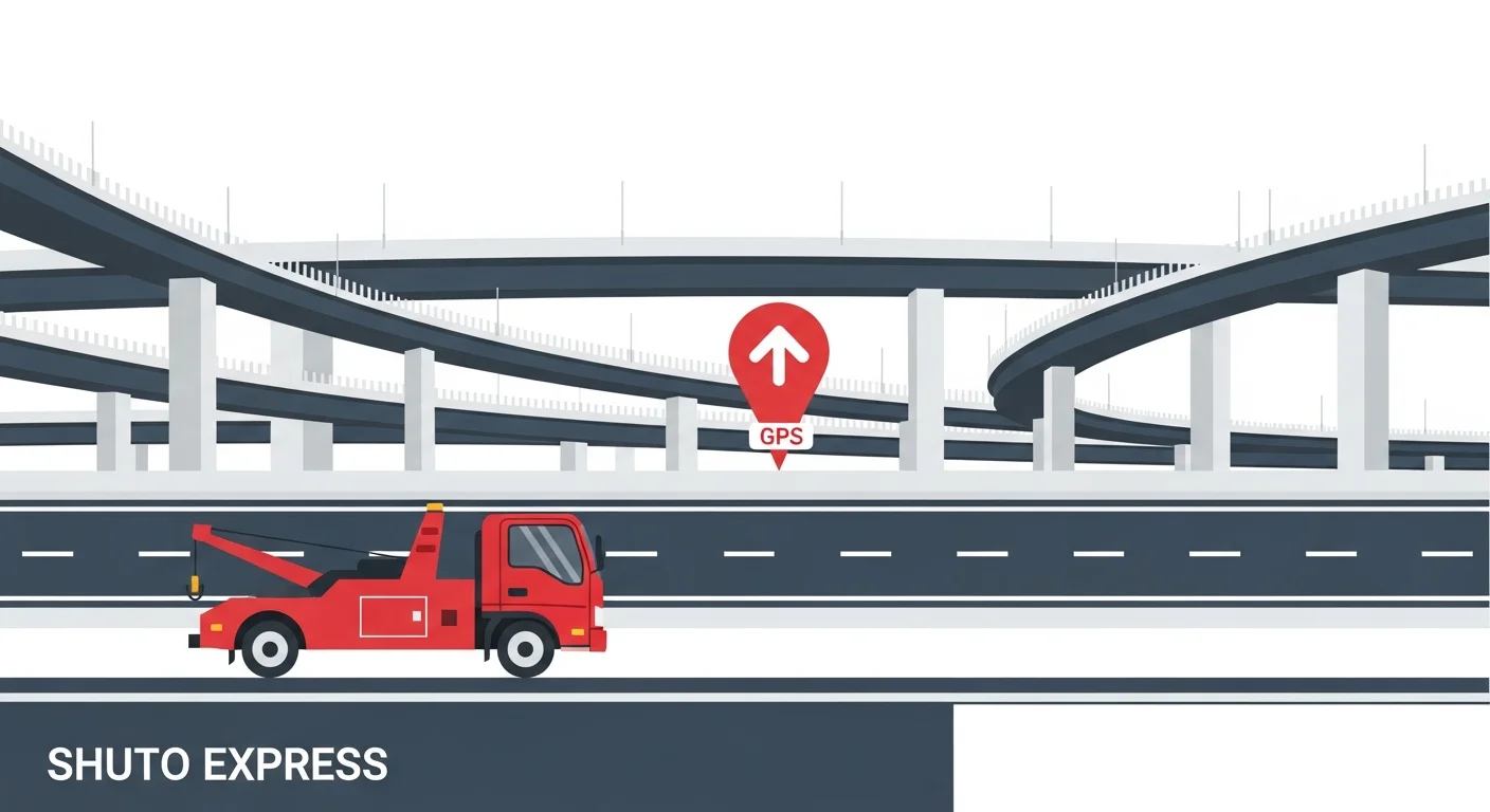 首都高速・川口ICと東京外環自動車道を熟知したレッカー車が最短ルートで走行するフラットデザインイラスト