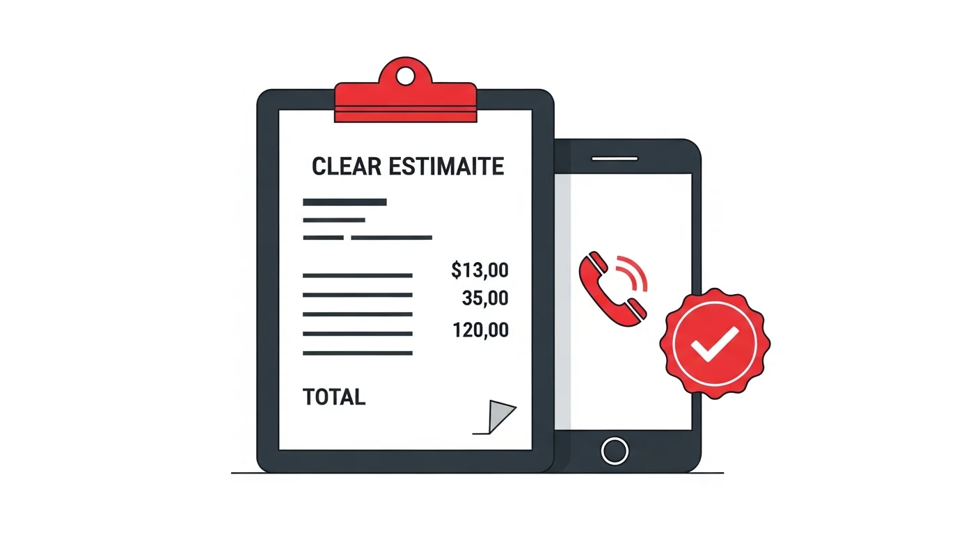 スマートフォンの通話画面と見積書が並ぶ追加請求なしの明朗会計をイメージしたフラットデザインイラスト