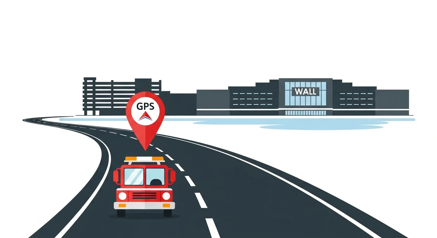 国道4号と越谷レイクタウン周辺の道路を熟知したレッカー車が最短ルートで走行するフラットデザインイラスト