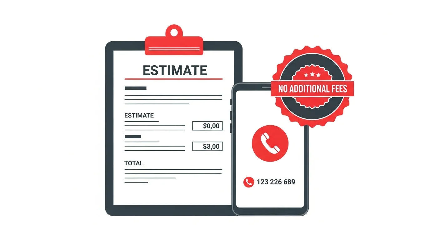 スマートフォンの通話画面と見積書が並ぶ追加請求なしの明朗会計をイメージしたフラットデザインイラスト