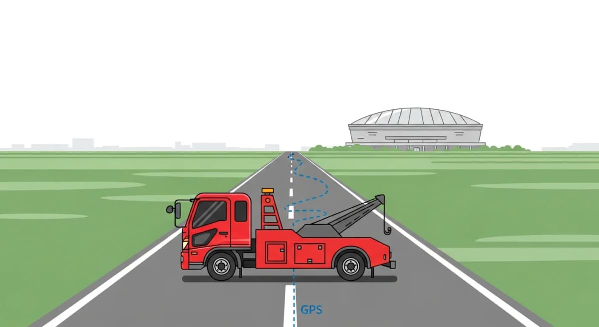 熊谷ICと国道17号・140号を熟知したレッカー車が最短ルートで走行するフラットデザインイラスト