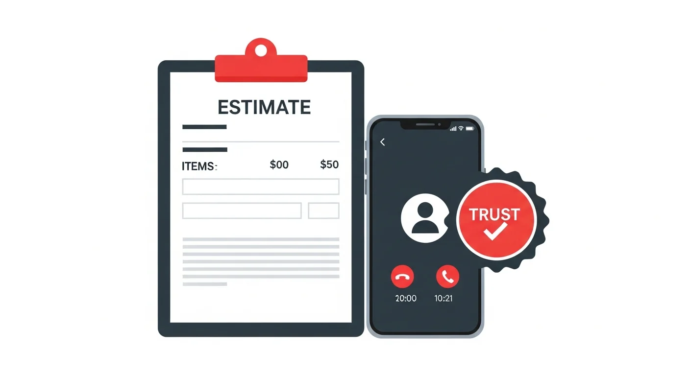 スマートフォンの通話画面と見積書が並ぶ追加請求なしの明朗会計をイメージしたフラットデザインイラスト