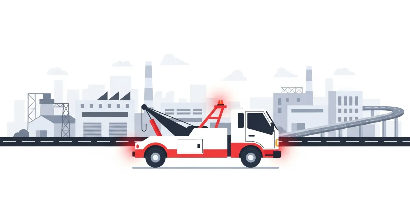 真岡工業団地の工場・倉庫エリアと北関東道インターチェンジ周辺を効率よく走行するレッカー車のフラットデザインイラスト