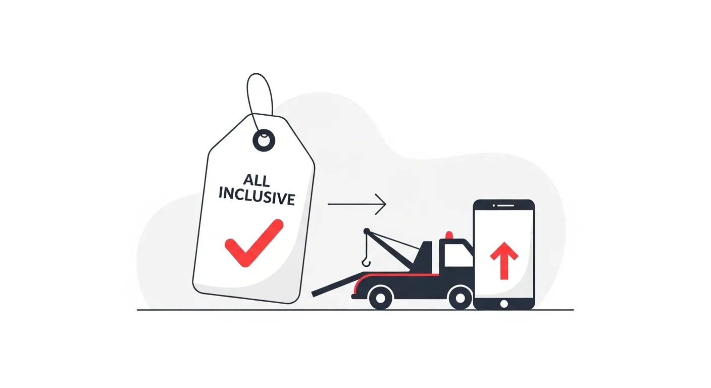 スマートフォンの通話画面と見積書が並ぶ追加請求なしの明朗会計イメージのフラットデザインイラスト