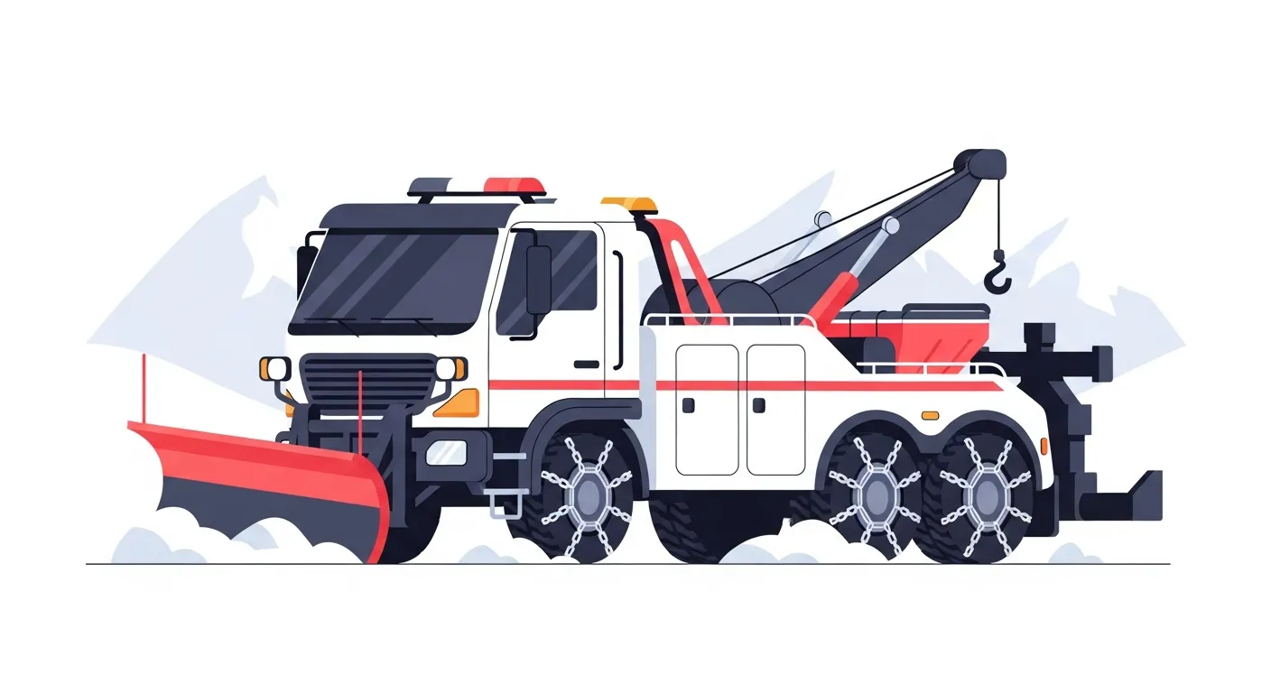 スノーチェーンと冬季装備を完備して積雪の山間部で活動する大型レッカー車のフラットデザインイラスト