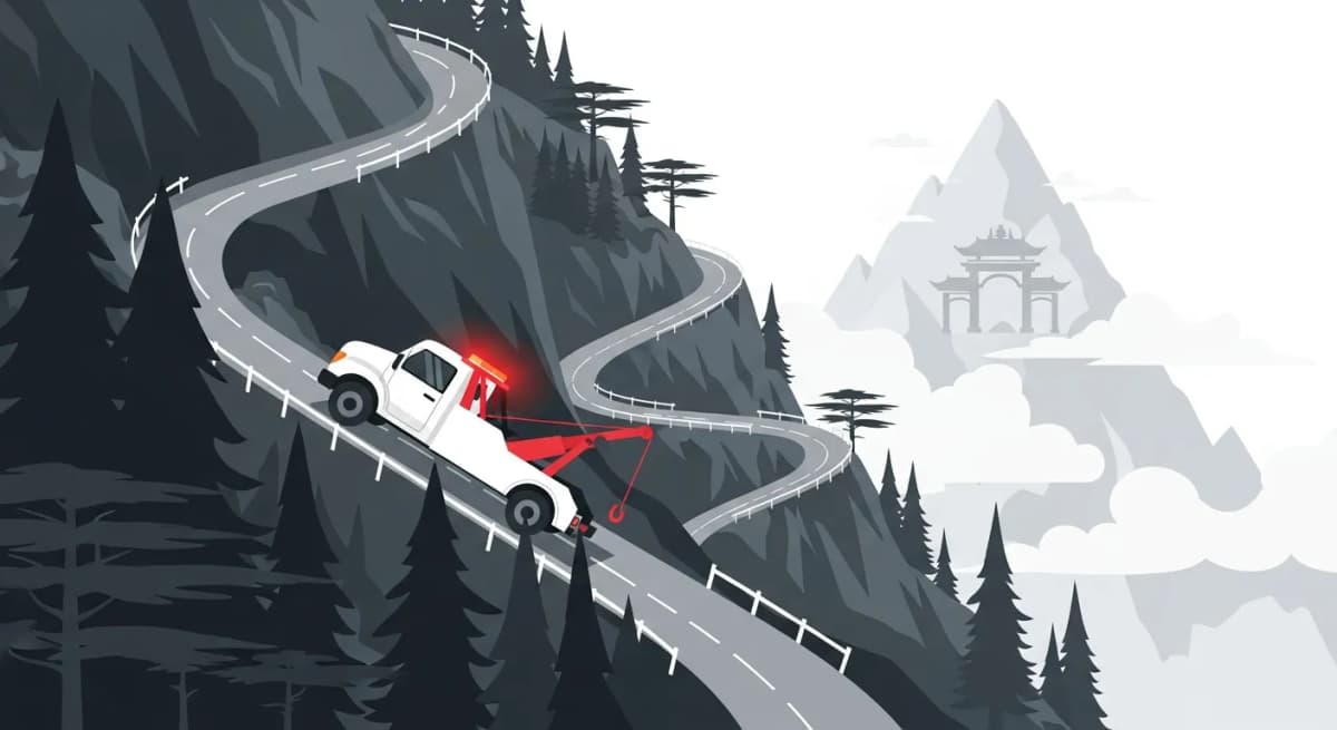 いろは坂の急勾配ヘアピン道路を古い杉林の中で熟練した操作で登るレッカー車のフラットデザインイラスト