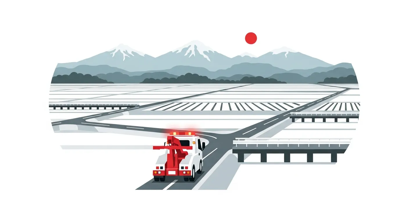 那須連山を背景に県北東部の農村道路を熟知した経路で走行するレッカー車のフラットデザインイラスト