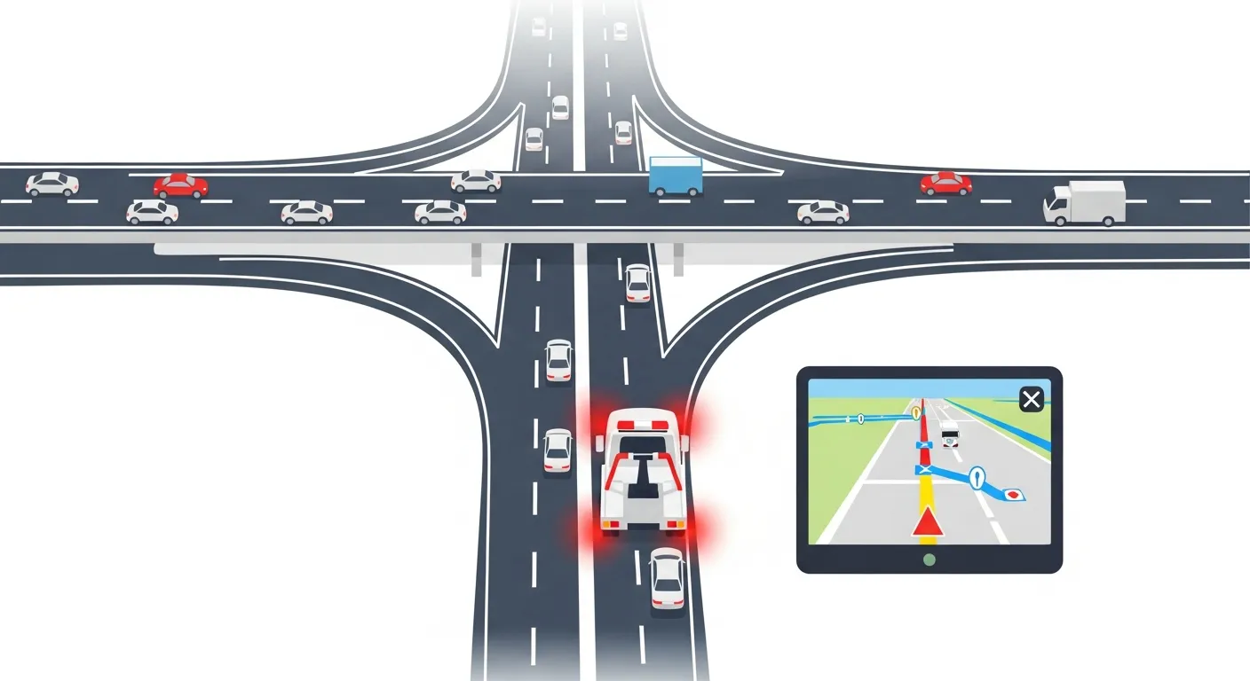 小山市の幹線道路と抜け道を熟知して最速ルートで向かうレッカー車のフラットデザインイラスト