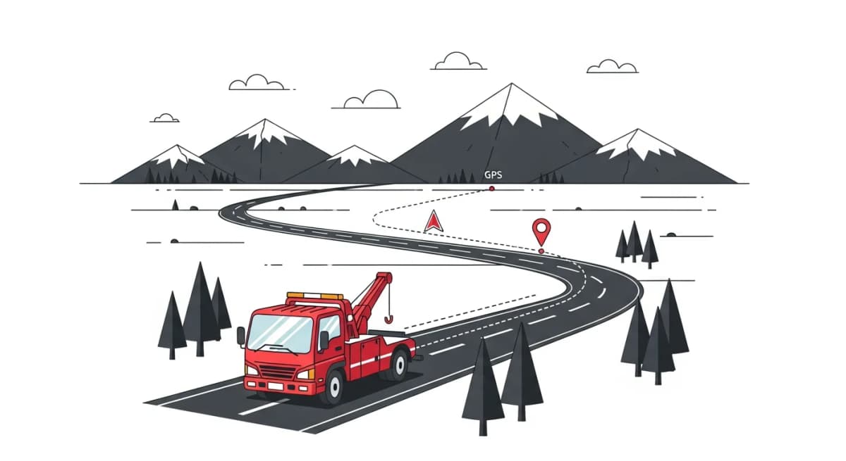 山間部の道路をGPSナビ付きで走行するレッカー車のフラットデザインイラスト