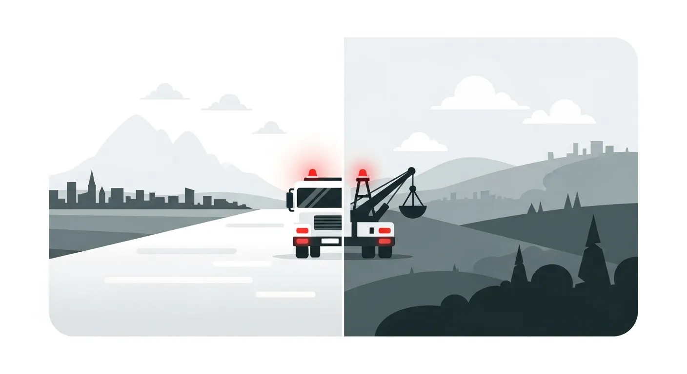 平野部の氏家エリアと丘陵地の喜連川エリア両方をカバーするレッカー車のフラットデザインイラスト