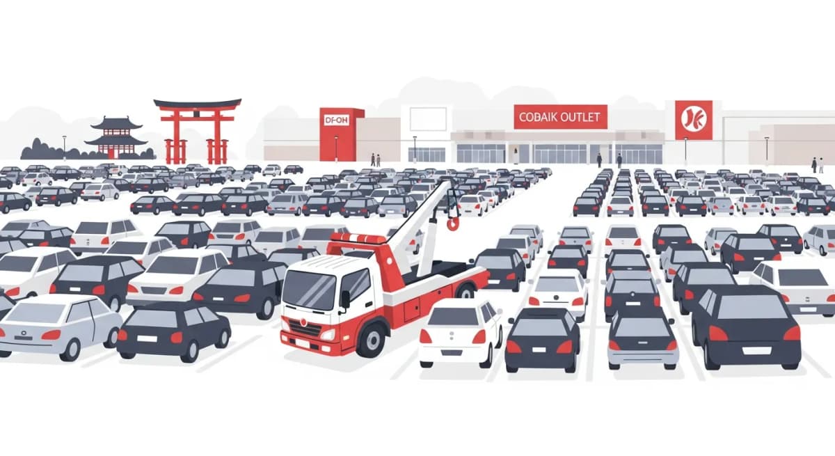 混雑したアウトレット駐車場で慣れた様子で対応するレッカー車と厄除け大師の山門が見えるフラットデザインイラスト