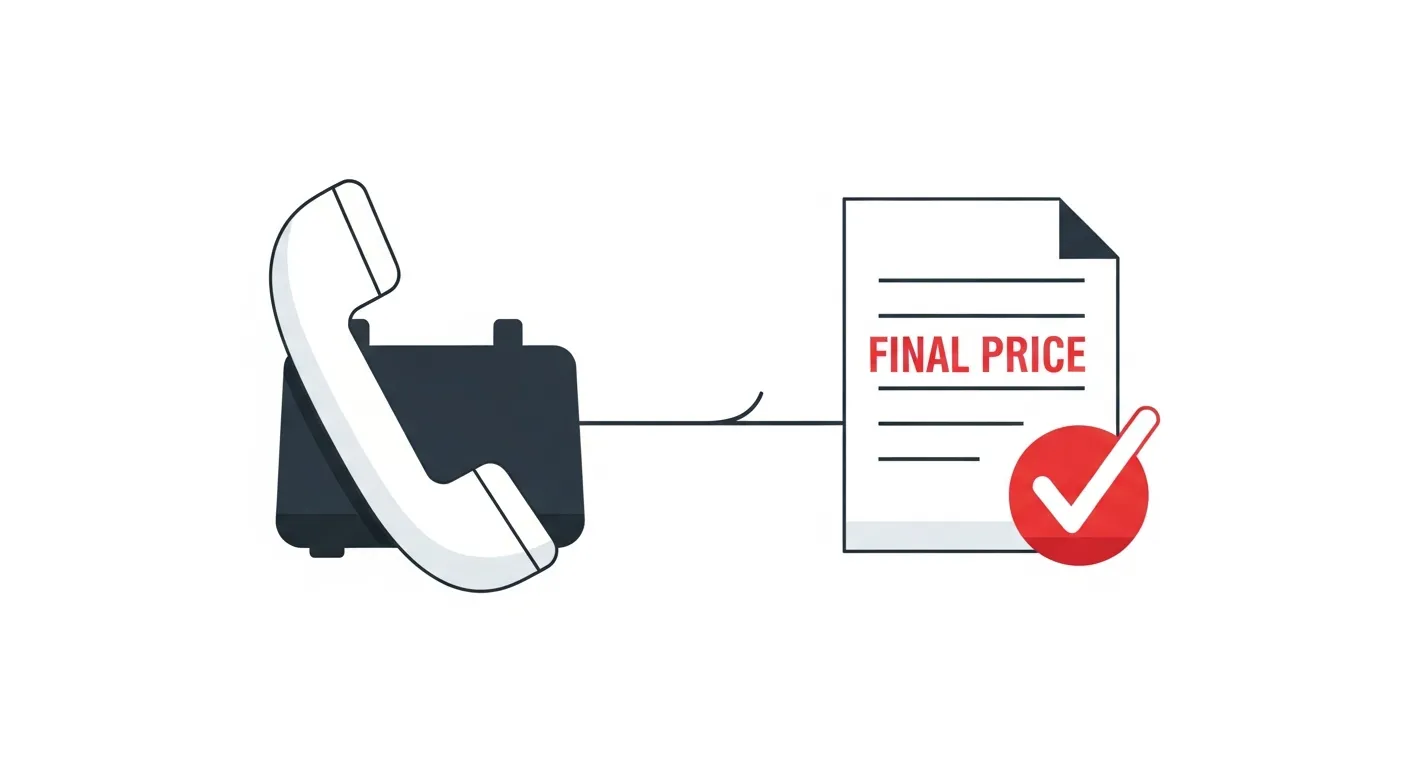 スマートフォンの通話画面と見積書が並ぶ追加請求なしの明朗会計イメージのフラットデザインイラスト