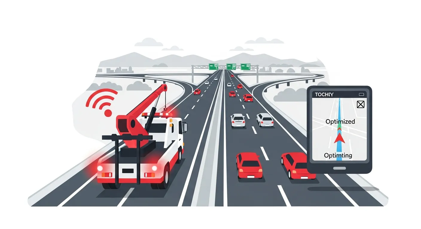 新4号バイパスの渋滞パターンを把握して最適なルートで走行するレッカー車のフラットデザインイラスト