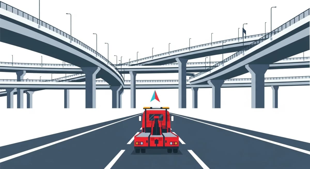 東京外環自動車道・草加ICと国道4号を熟知したレッカー車が最短ルートで走行するフラットデザインイラスト