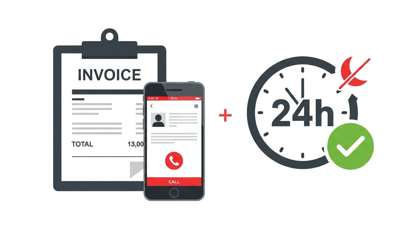 スマートフォンの通話画面と見積書が並ぶ追加請求なしの明朗会計をイメージしたフラットデザインイラスト