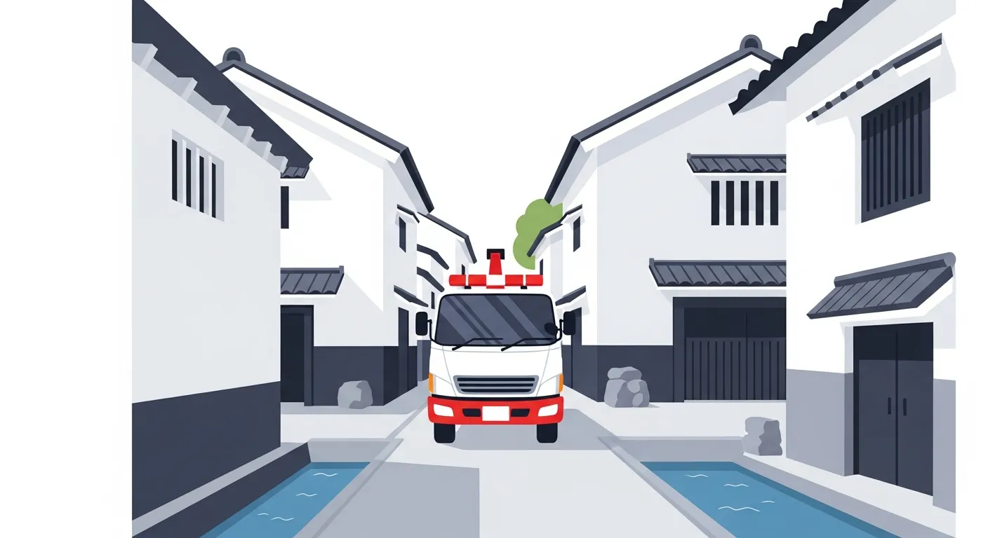 蔵の街の細い路地と白壁土蔵の間を熟知した経路で走行するレッカー車のフラットデザインイラスト