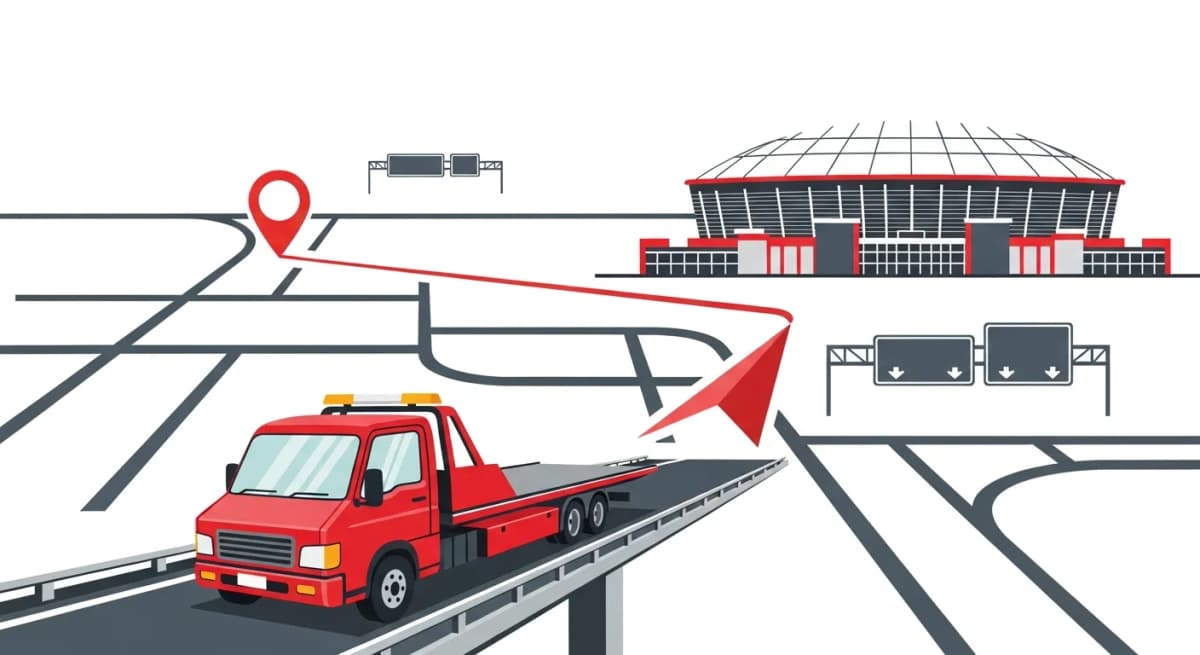 所沢ICと国道463号・16号を熟知したレッカー車が最短ルートで走行するフラットデザインイラスト