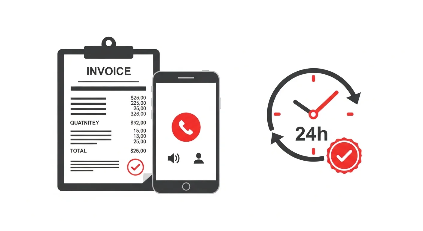 スマートフォンの通話画面と見積書が並ぶ追加請求なしの明朗会計をイメージしたフラットデザインイラスト