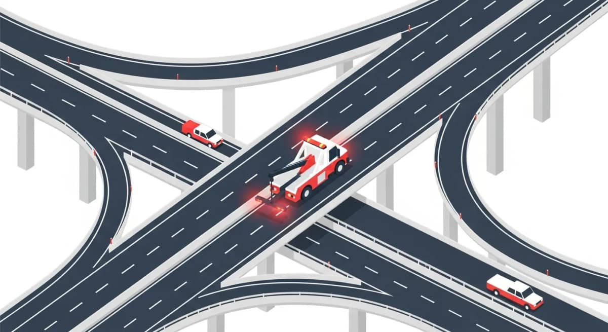 東北自動車道と北関東自動車道が交差する大規模ジャンクションを熟知したレッカー車が走行するフラットデザインイラスト