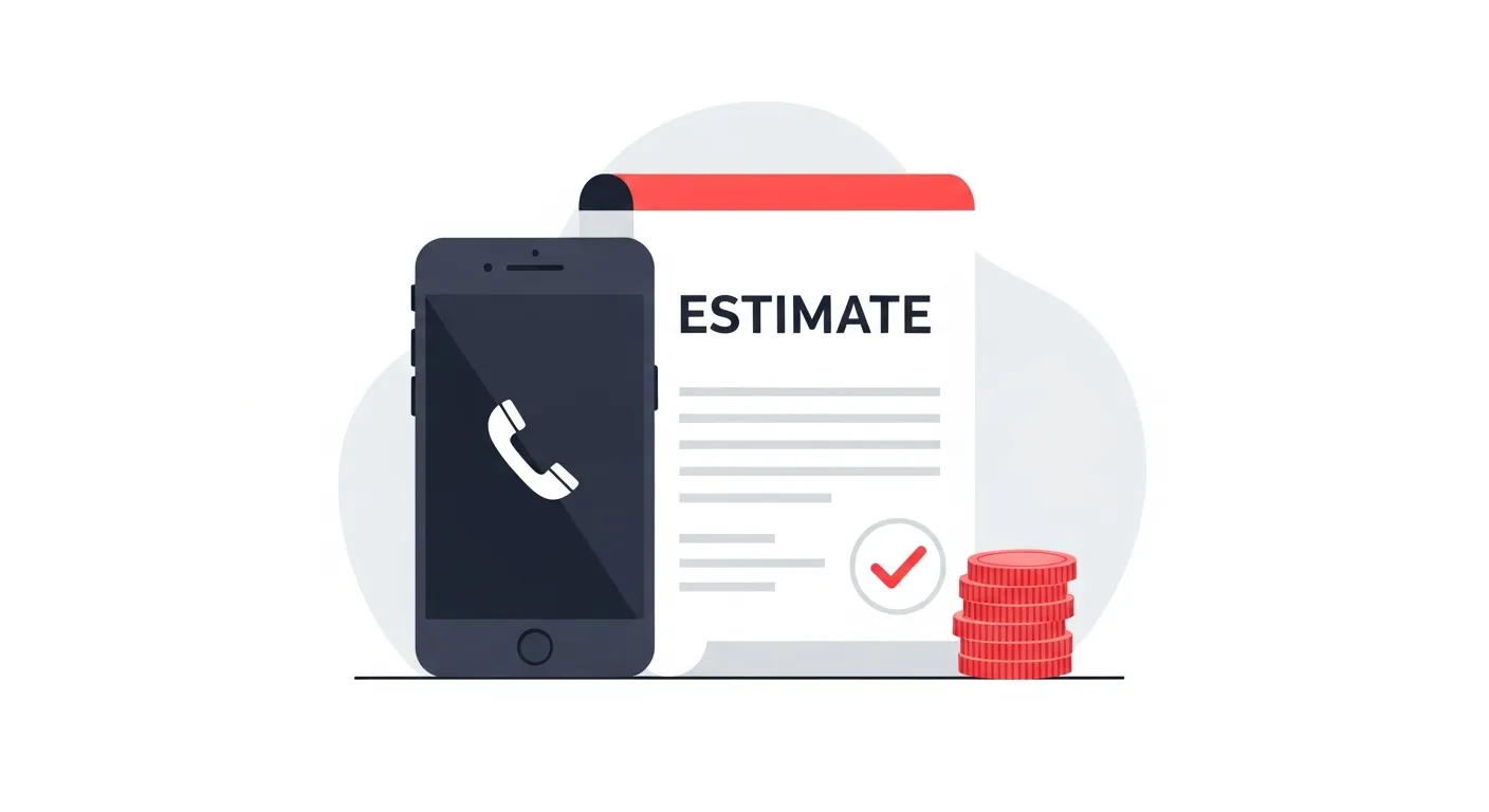 スマートフォンの通話画面と見積書・硬貨が並ぶ追加請求なしの明朗会計をイメージしたフラットデザインイラスト