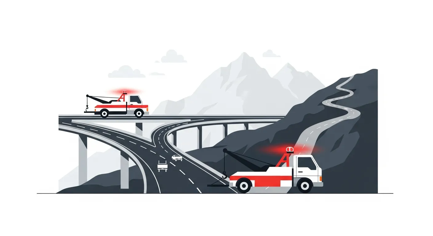 矢板ICと高原道路の分岐点を熟知して両エリアに対応できるレッカー車のフラットデザインイラスト