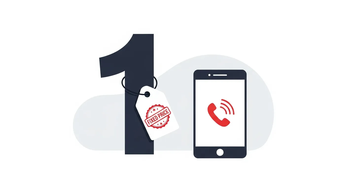 スマートフォンの通話画面と見積書が並ぶ追加請求なしの明朗会計イメージのフラットデザインイラスト