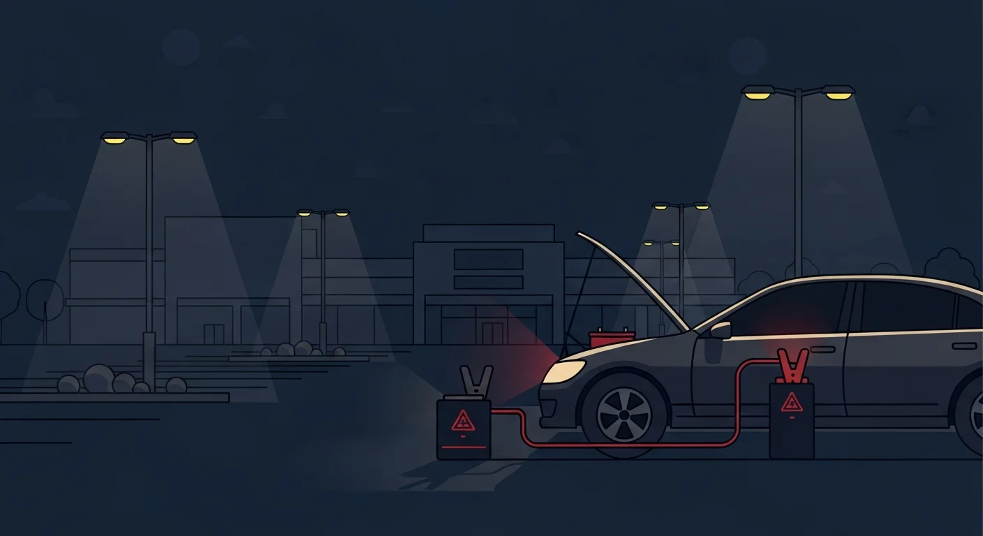 上尾市内の大型商業施設駐車場でバッテリー上がりになった車に対応するロードサービスのフラットデザインイラスト