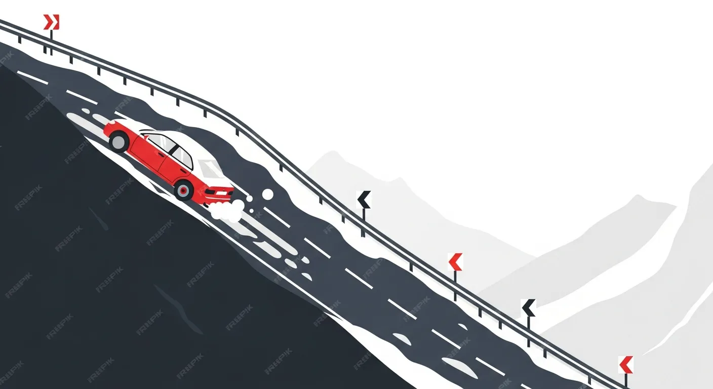 凍結した峠道の急カーブでブレーキトラブルを起こした車のフラットデザインイラスト