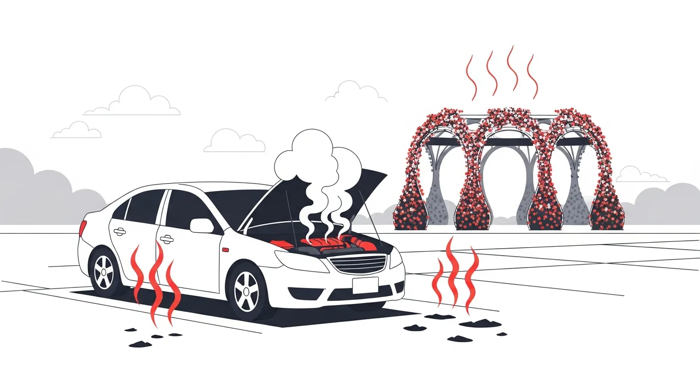 真夏の猛暑日にあしかがフラワーパーク観光駐車場でオーバーヒートしてフードを開けた車のフラットデザインイラスト