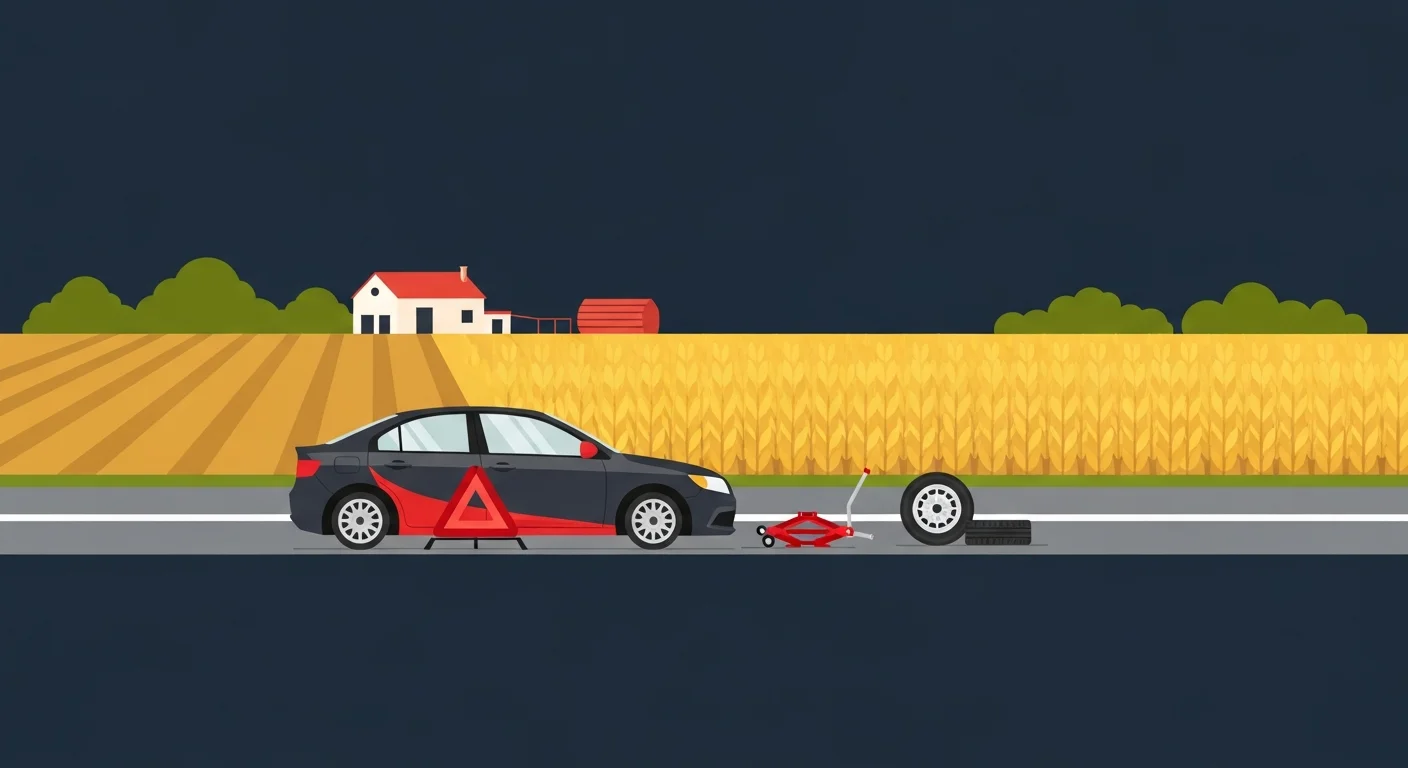 深谷市内の国道17号沿いでパンクした車に対応するロードサービスのフラットデザインイラスト