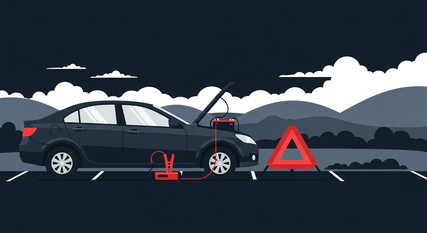 行田市内の駐車場でバッテリー上がりになった車にジャンプスターターで対応するロードサービスのフラットデザインイラスト