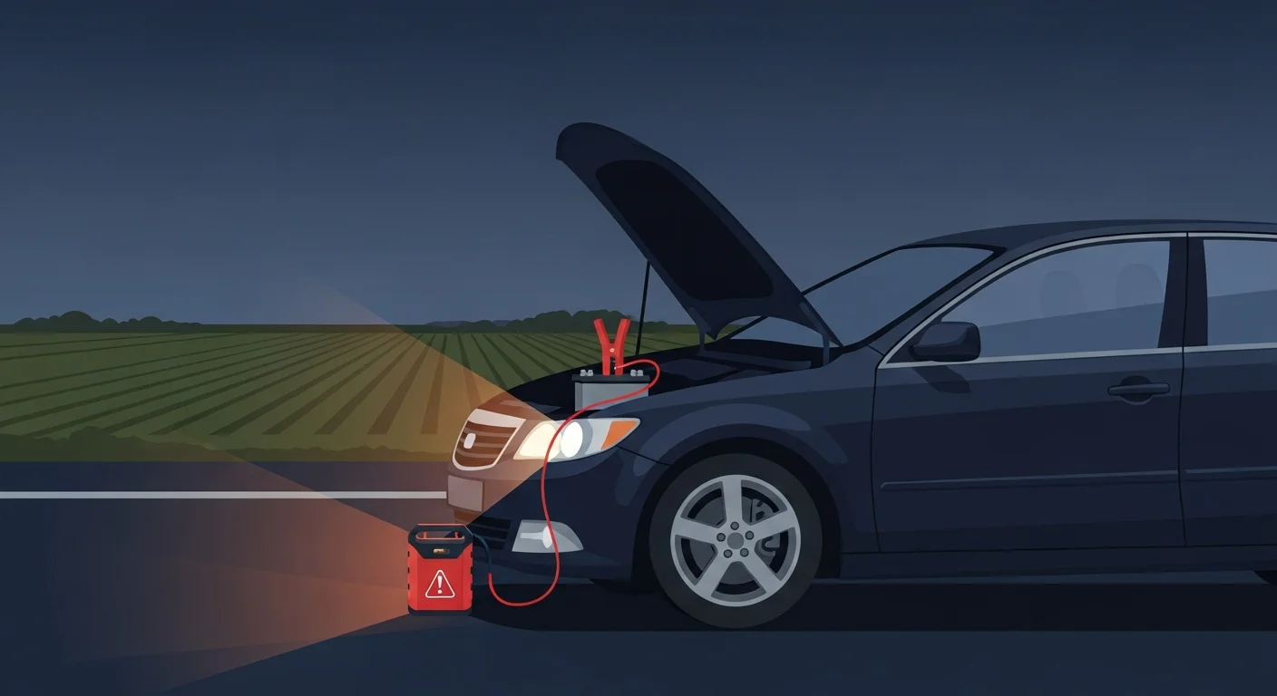 本庄市内の国道17号沿いでバッテリー上がりになった車にジャンプスターターで対応するロードサービスのフラットデザインイラスト