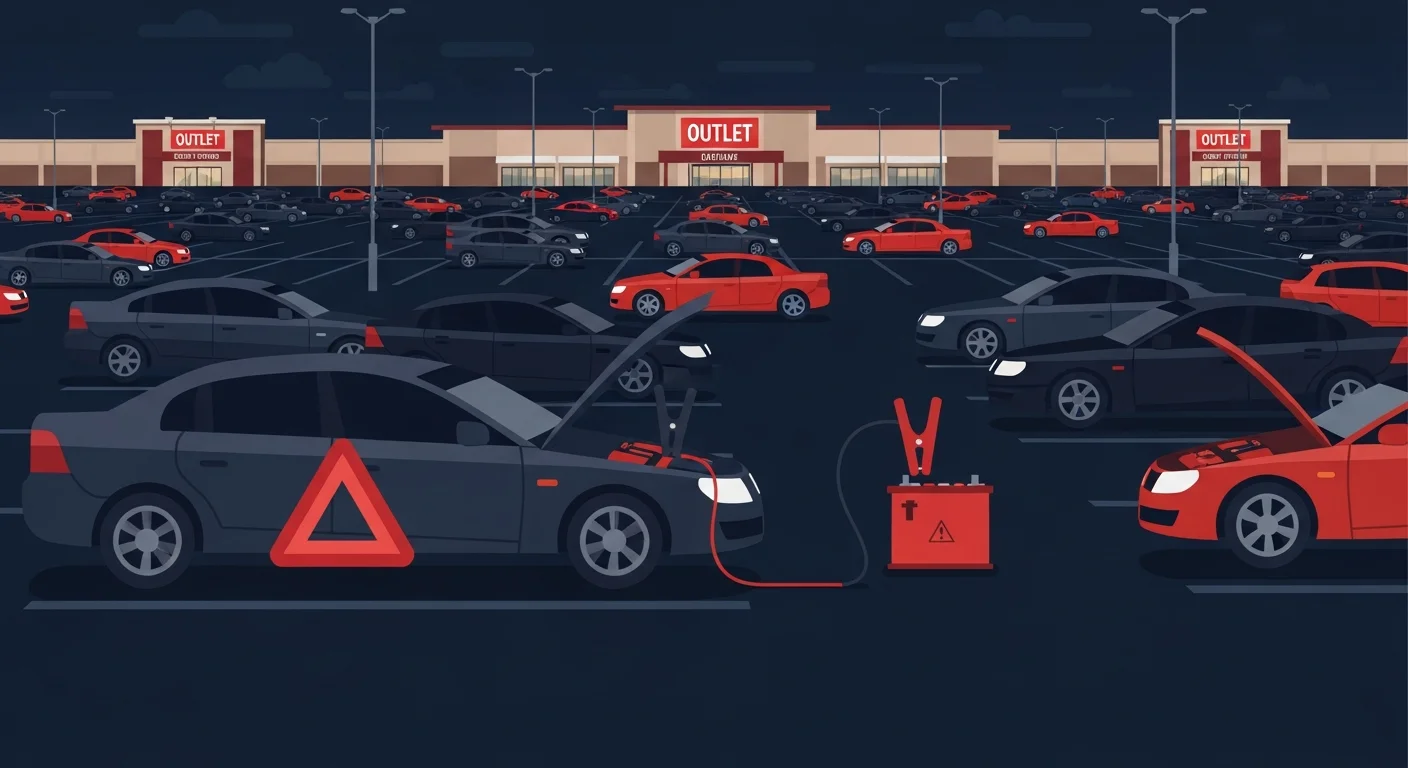 入間市内の三井アウトレットパーク駐車場でバッテリー上がりになった車に対応するロードサービスのフラットデザインイラスト