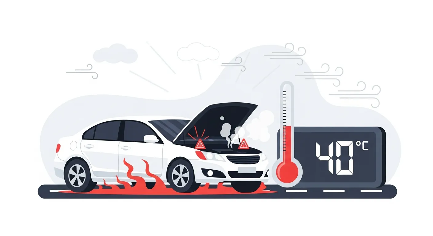 猛暑日に路上でオーバーヒートした車のフラットデザインイラスト