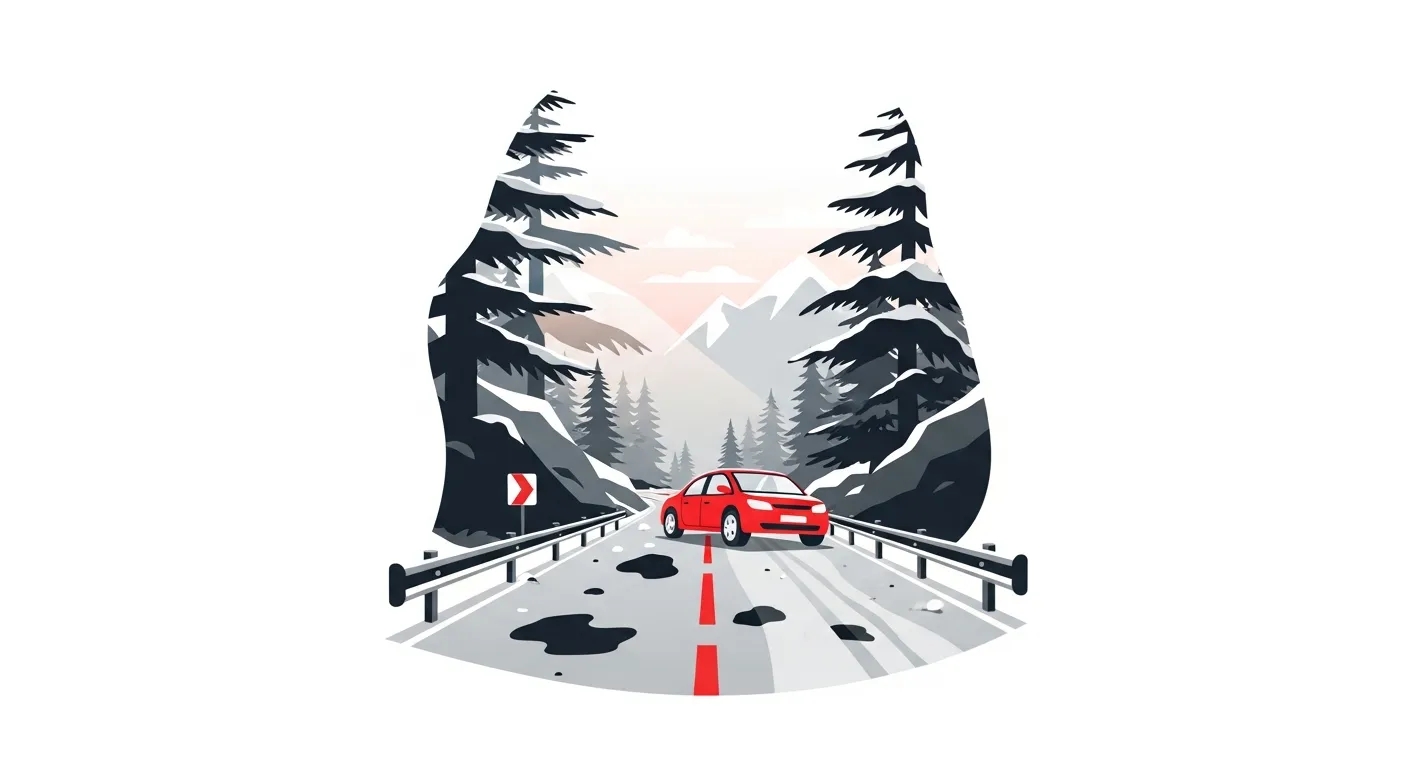 日光連山の杉並木道で凍結した路面にスリップした車のフラットデザインイラスト