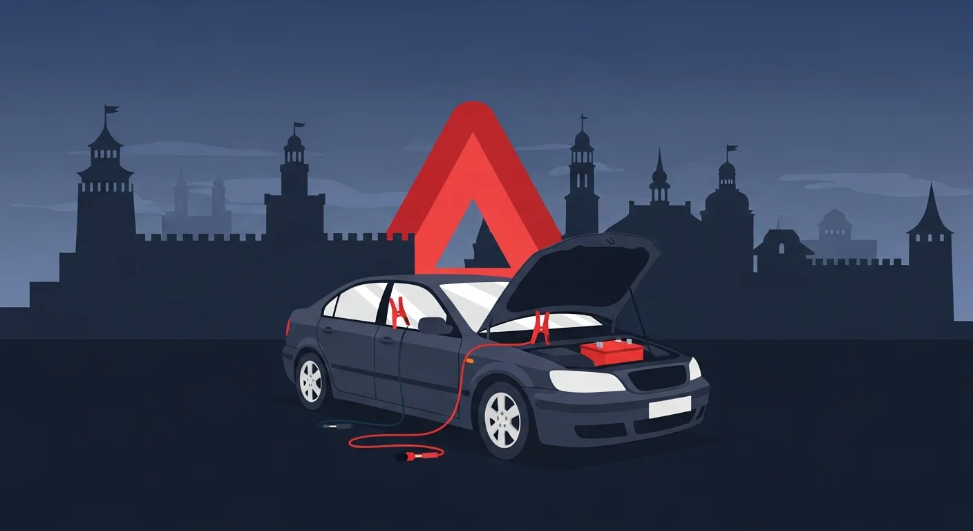 川越市内の観光駐車場でバッテリー上がりになった車にジャンプスターターで対応するロードサービスのフラットデザインイラスト