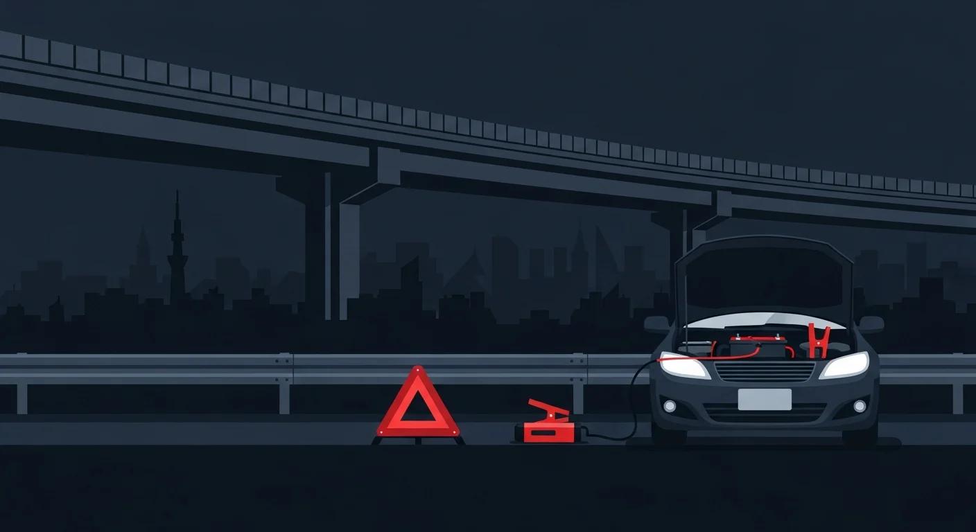 川口市内の首都高・外環道路沿いでバッテリー上がりになった車に対応するロードサービスのフラットデザインイラスト