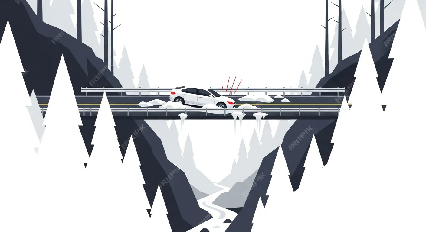 山間部の凍結路面で側溝に脱輪した車のフラットデザインイラスト