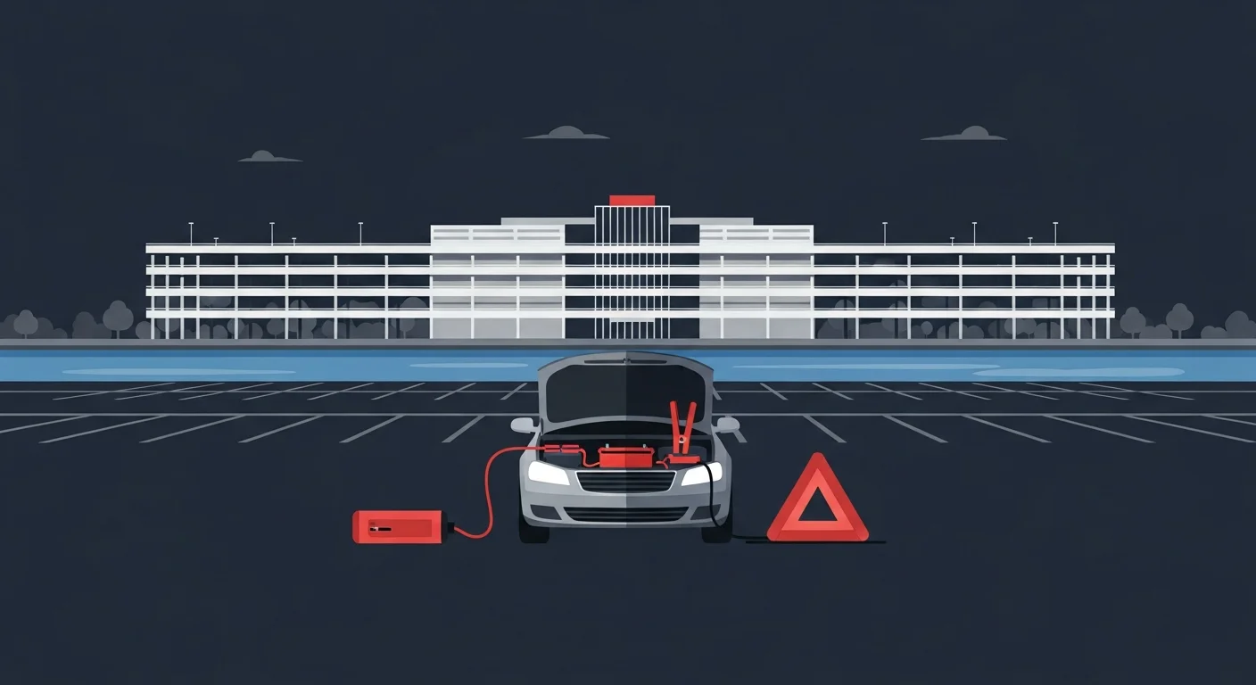 越谷レイクタウンの広大な駐車場でバッテリー上がりになった車に対応するロードサービスのフラットデザインイラスト