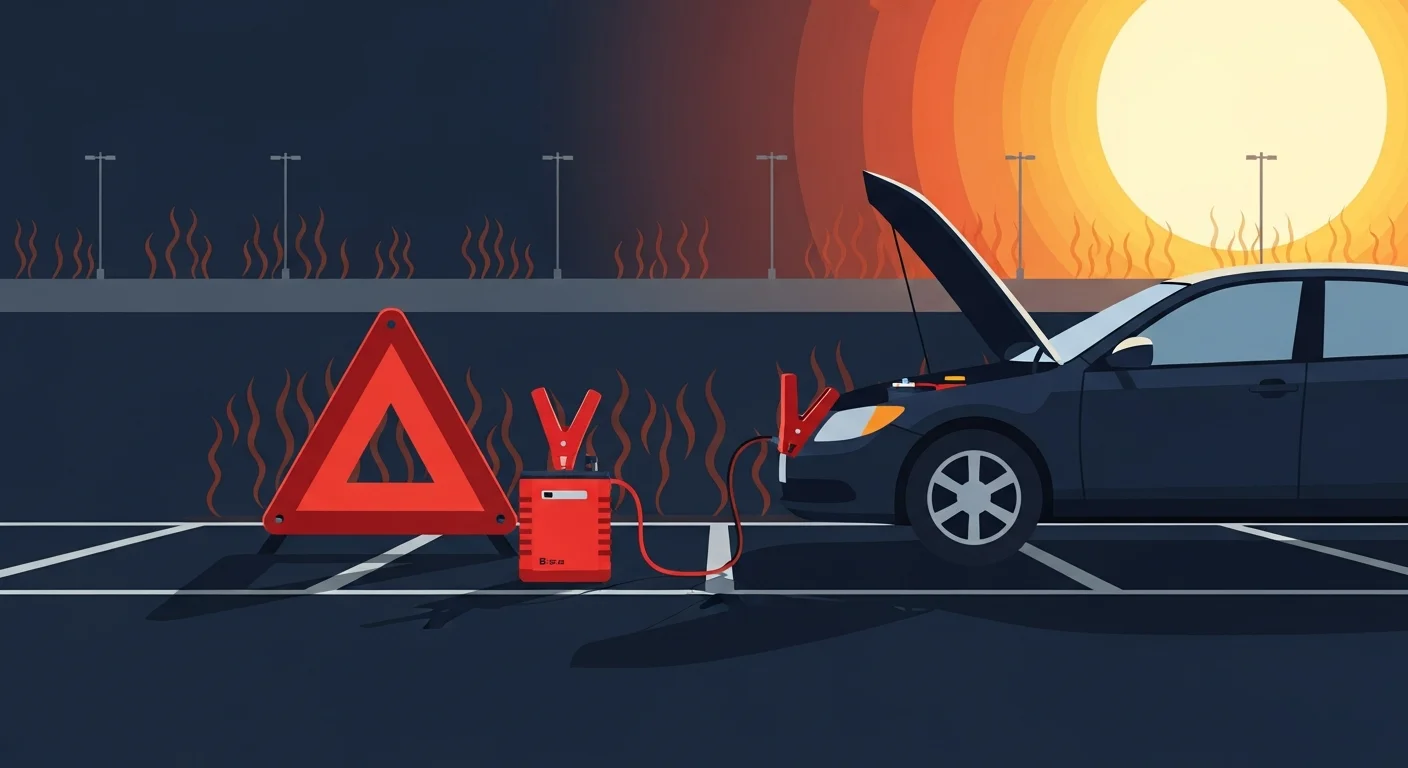 日本一の猛暑の熊谷市内駐車場でバッテリー上がりになった車に対応するロードサービスのフラットデザインイラスト