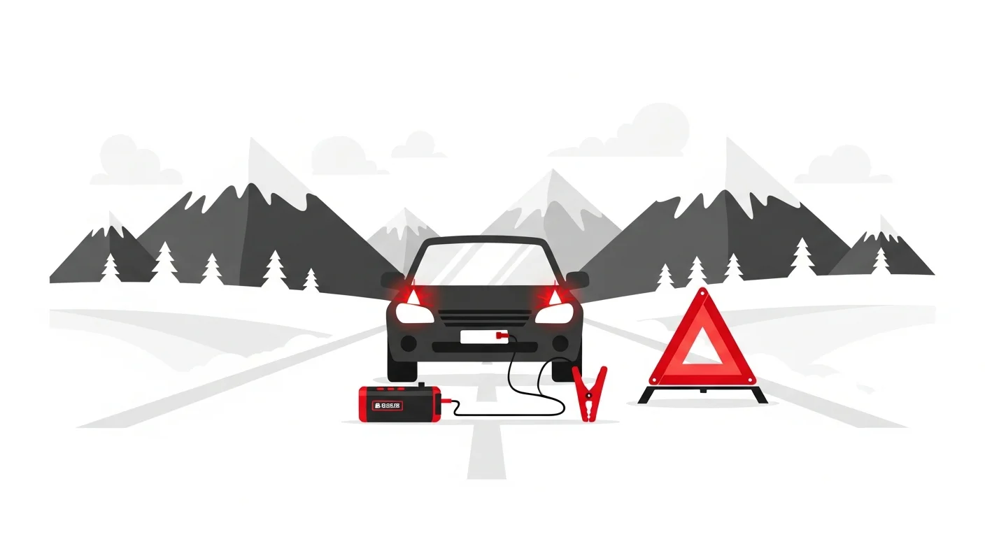 冬の雪道で停車した車のバッテリー上がりにジャンピングスタートで対応するロードサービス隊員のフラットデザインイラスト