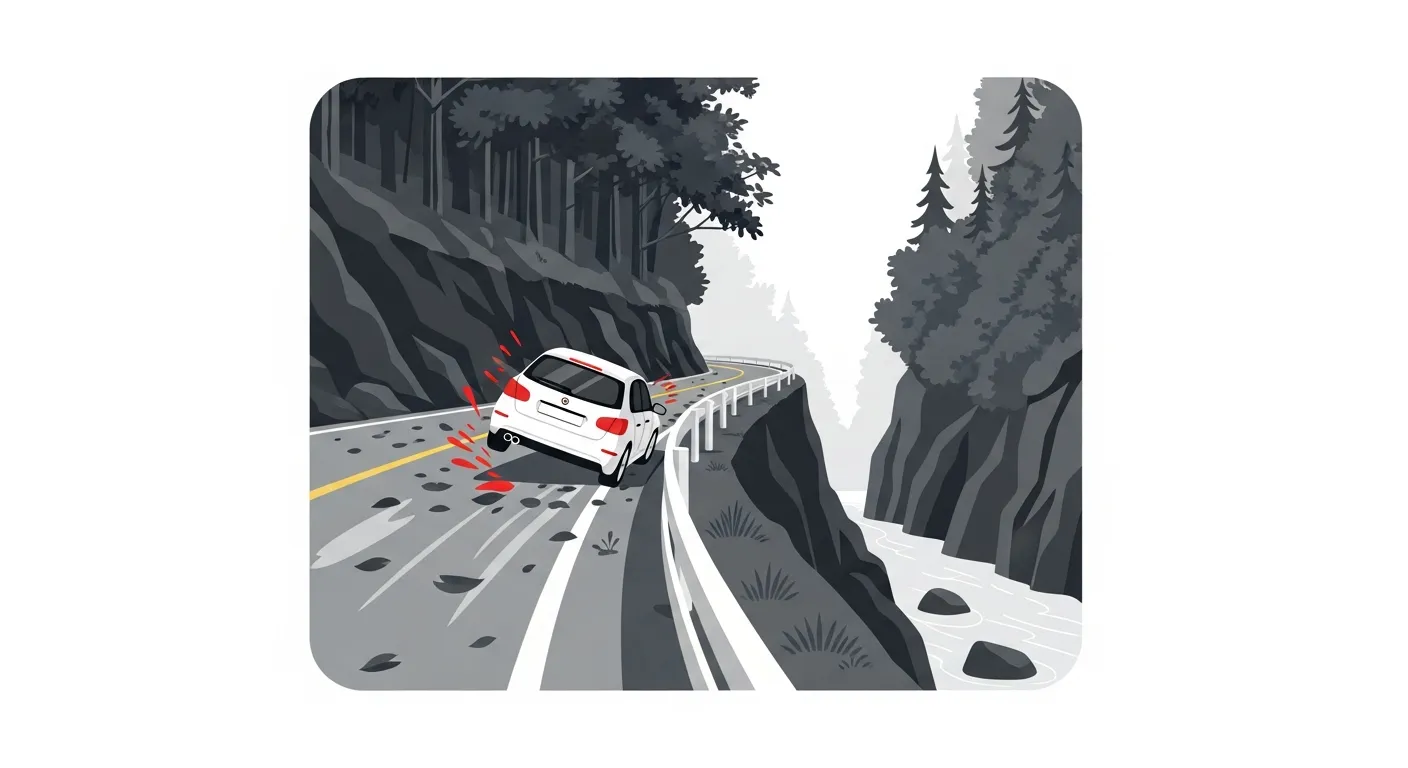 山間部の狭い道路で側溝に脱輪した車のフラットデザインイラスト