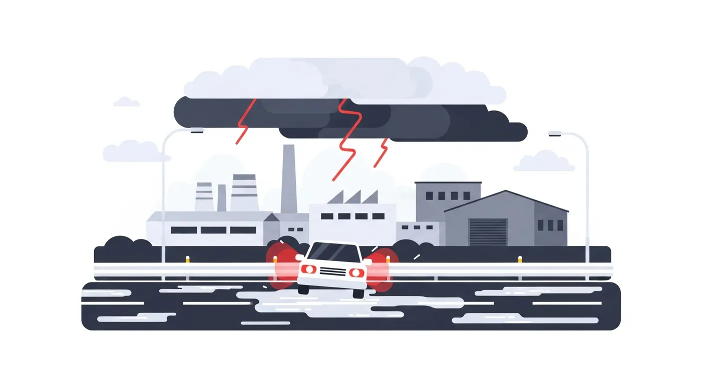 真岡工業団地付近でゲリラ豪雨後に道路冠水でエンスト・立ち往生した車のフラットデザインイラスト