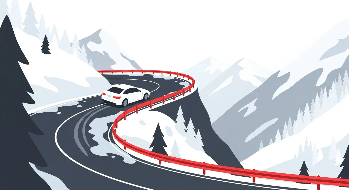 冬季のいろは坂の急カーブで凍結路面にスリップした車のフラットデザインイラスト