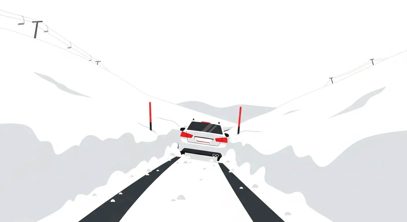 スキー場へ向かう雪道でスタックした車のフラットデザインイラスト