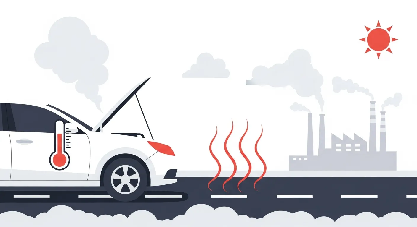 猛暑の道路上でオーバーヒートした車のフラットデザインイラスト