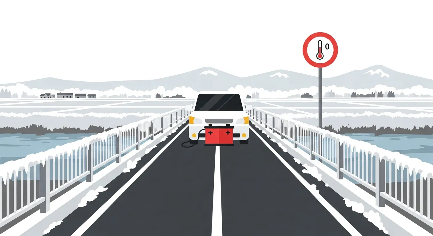 大田原市の早朝、橋の凍結路でバッテリー上がりが発生した車のフラットデザインイラスト