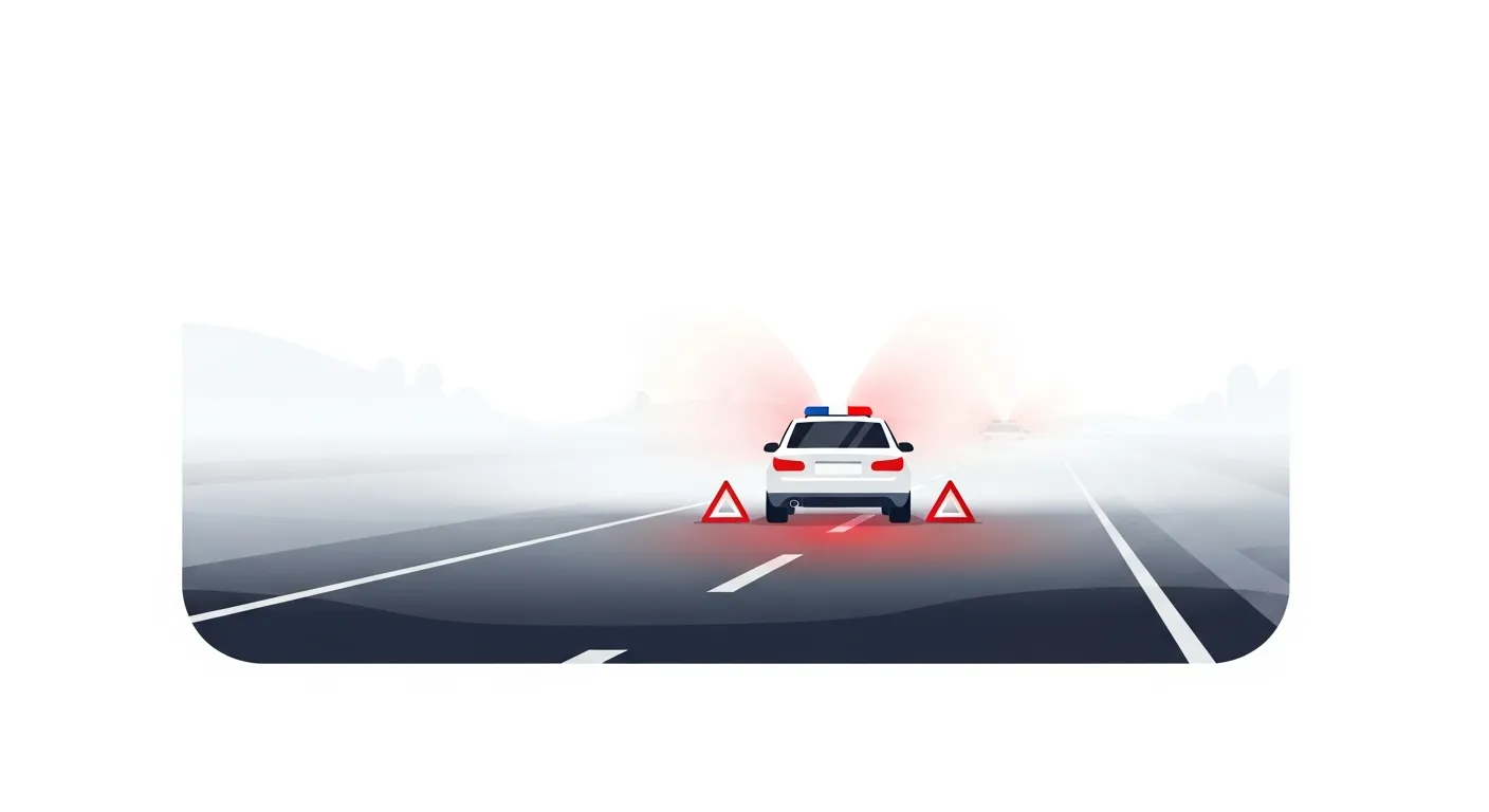 新4号バイパスの朝霧で視界不良になった路肩に停車する車のフラットデザインイラスト