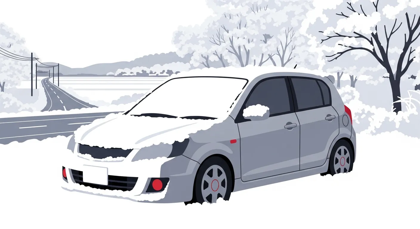 さくら市の冬の早朝、フロントガラスが霜で覆われて始動できない車のフラットデザインイラスト